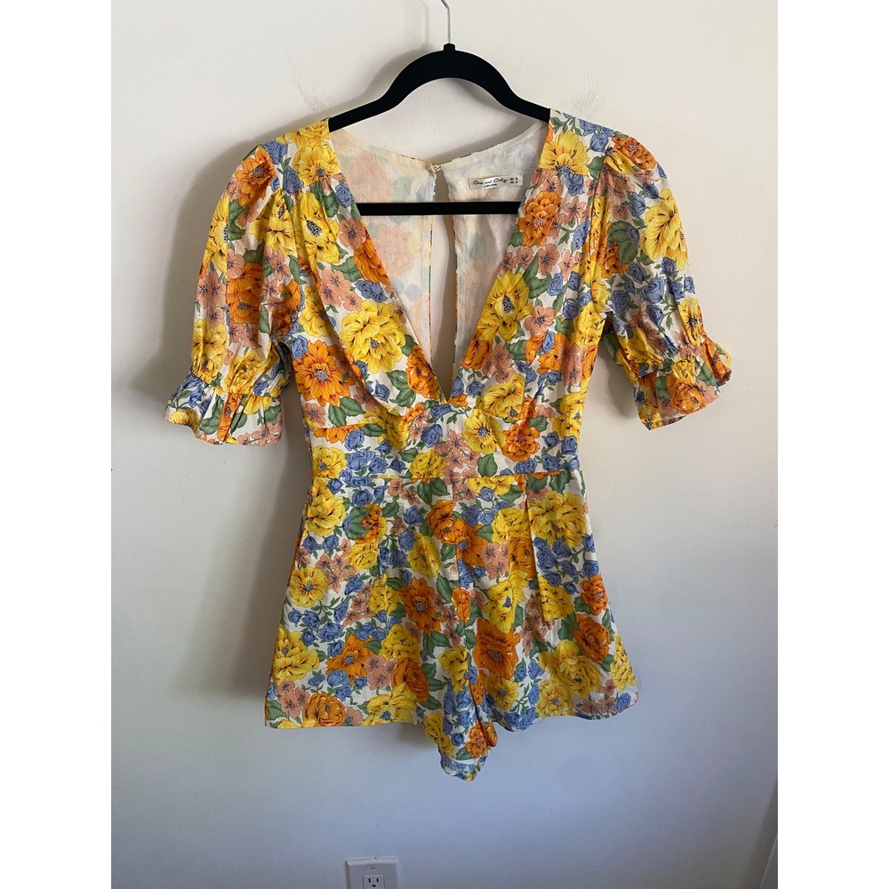 One and Only Collective Floral Romper Yellow Orange Blue Deep V Open Back Small